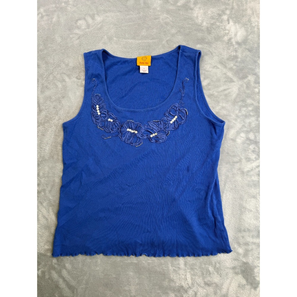 Ruby Rd. Tank Top Womens Large Blue Ribbed Knit Floral Sequin Lettuce-Edge Hem
